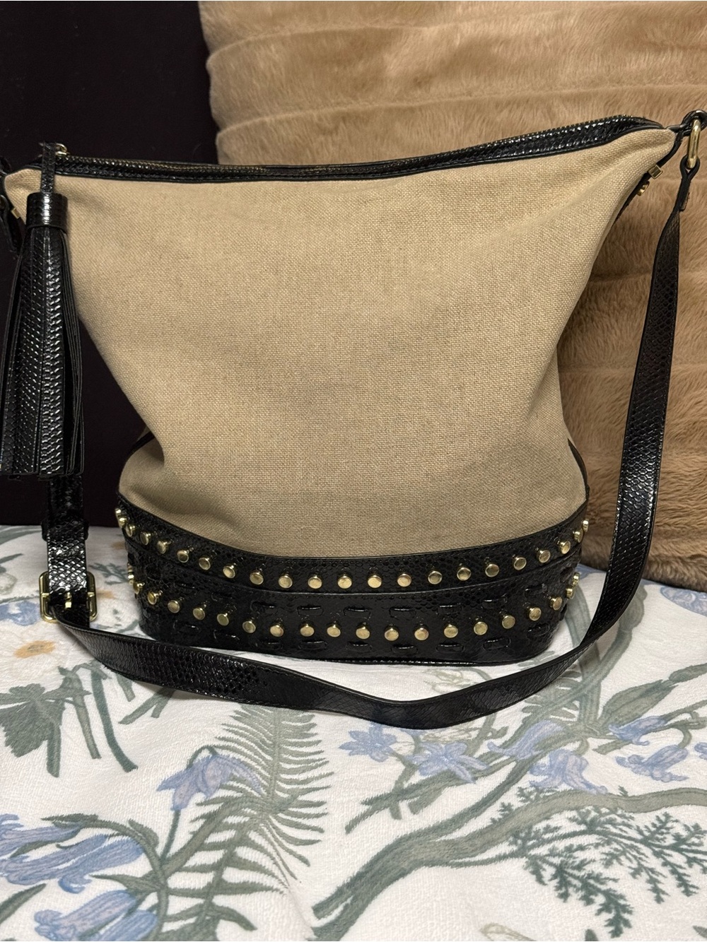 🔥Nine West Vintage Y2K Studded Canvas Hobo Bag Python Trim & Tassel✨